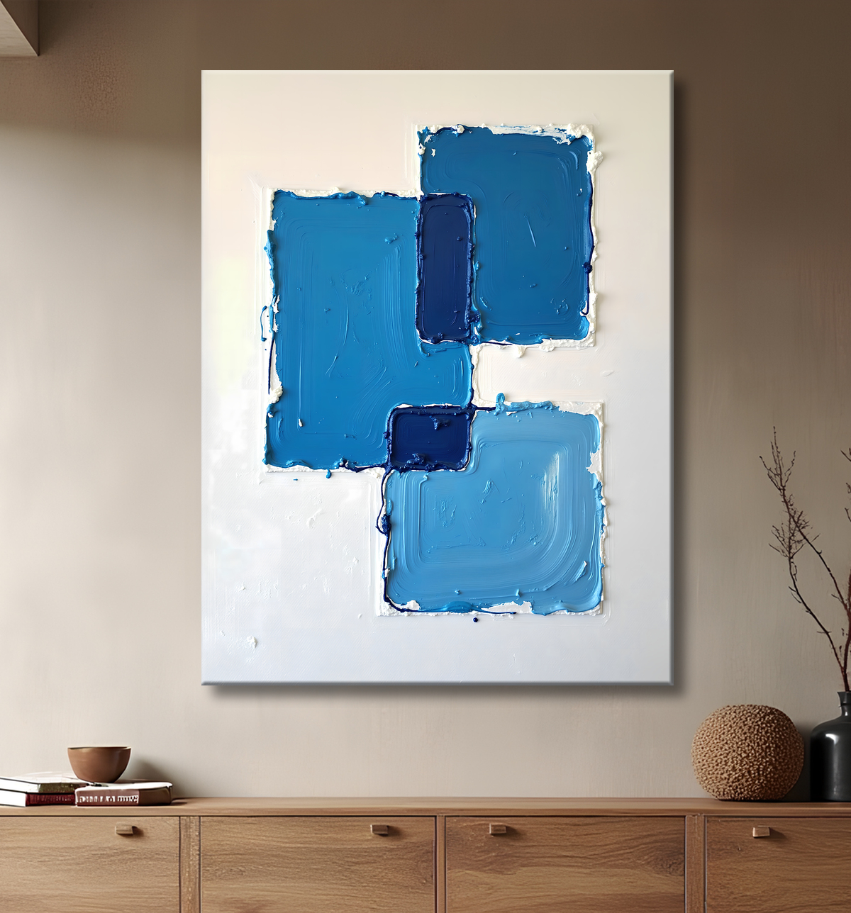 Tableau abstrait géométrique bleu en relief avec decor