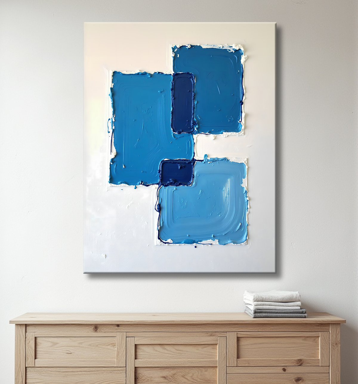 Tableau abstrait géométrique bleu en relief avec decor