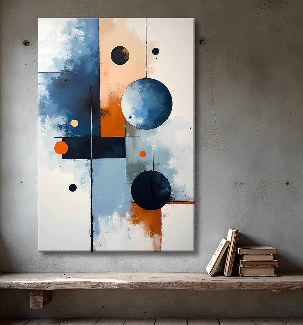 Tableau abstrait géométrique bleu en relief avec decor