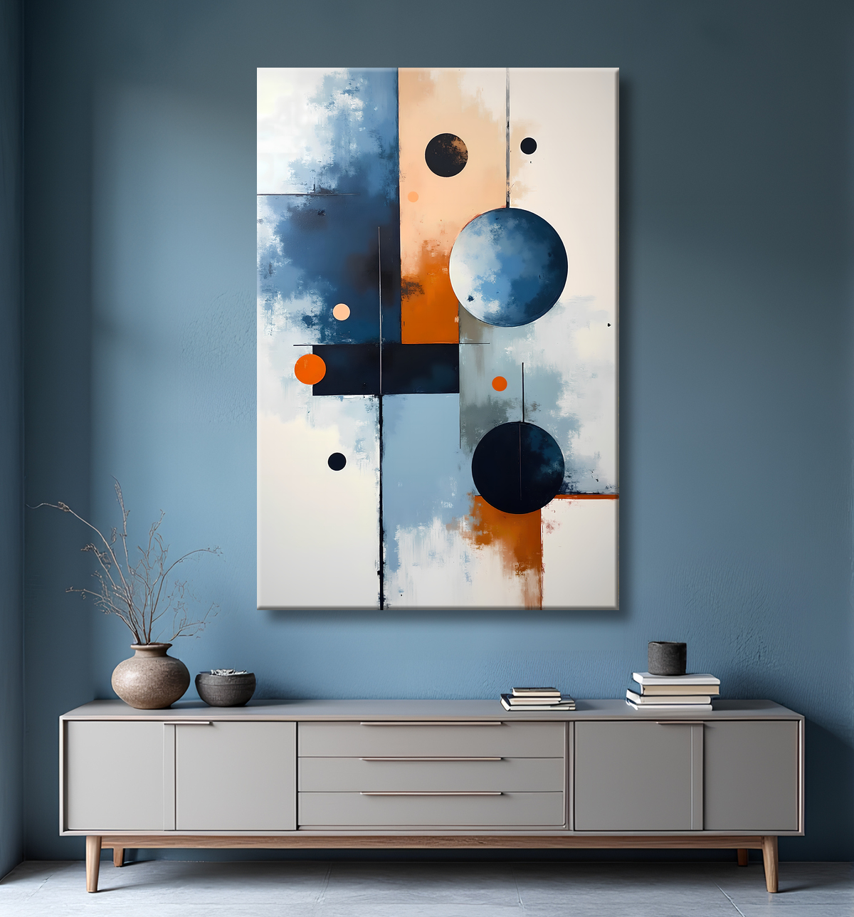 Tableau abstrait géométrique bleu en relief avec decor