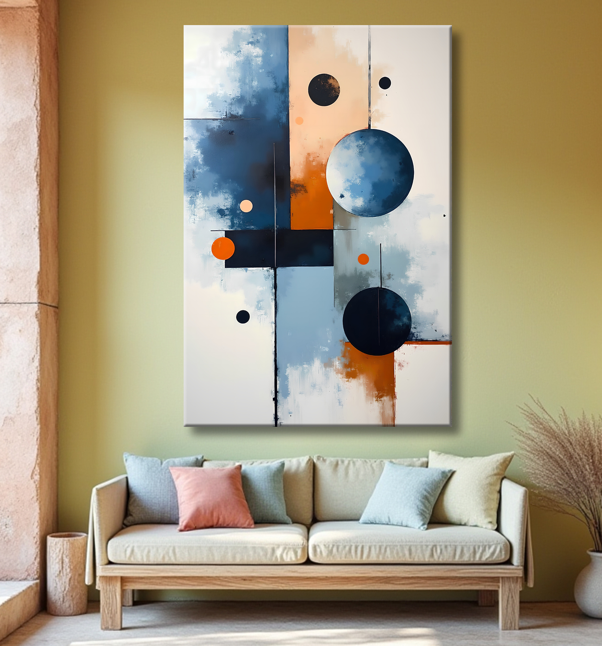 Tableau abstrait géométrique bleu en relief avec decor