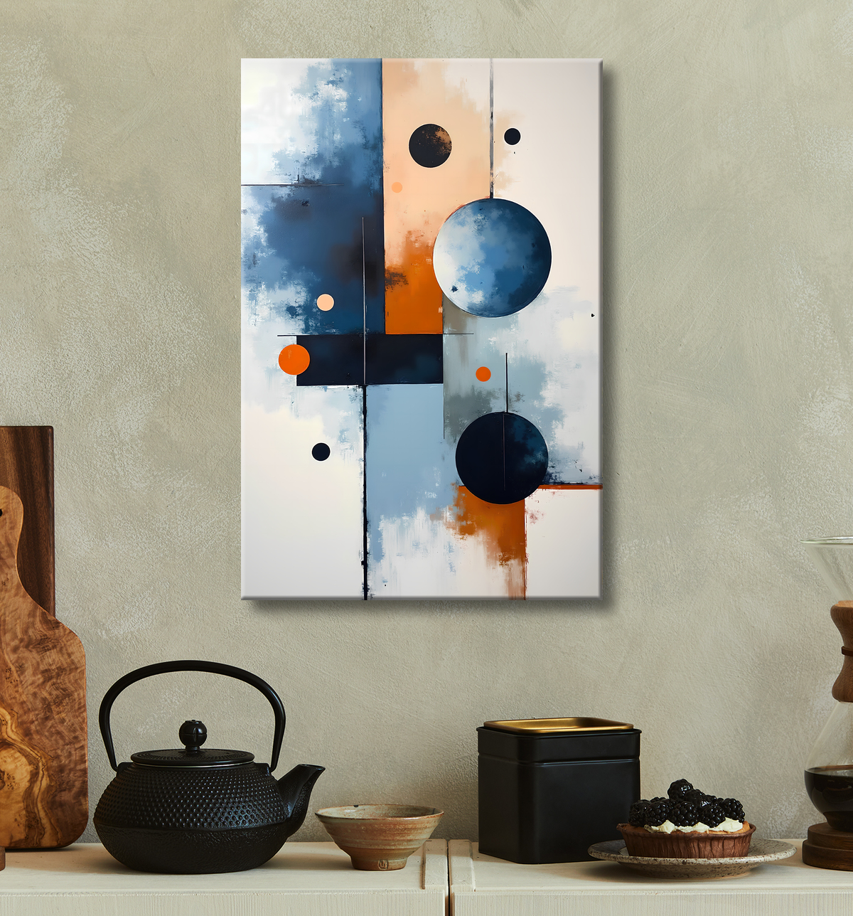 Tableau abstrait géométrique bleu en relief avec decor