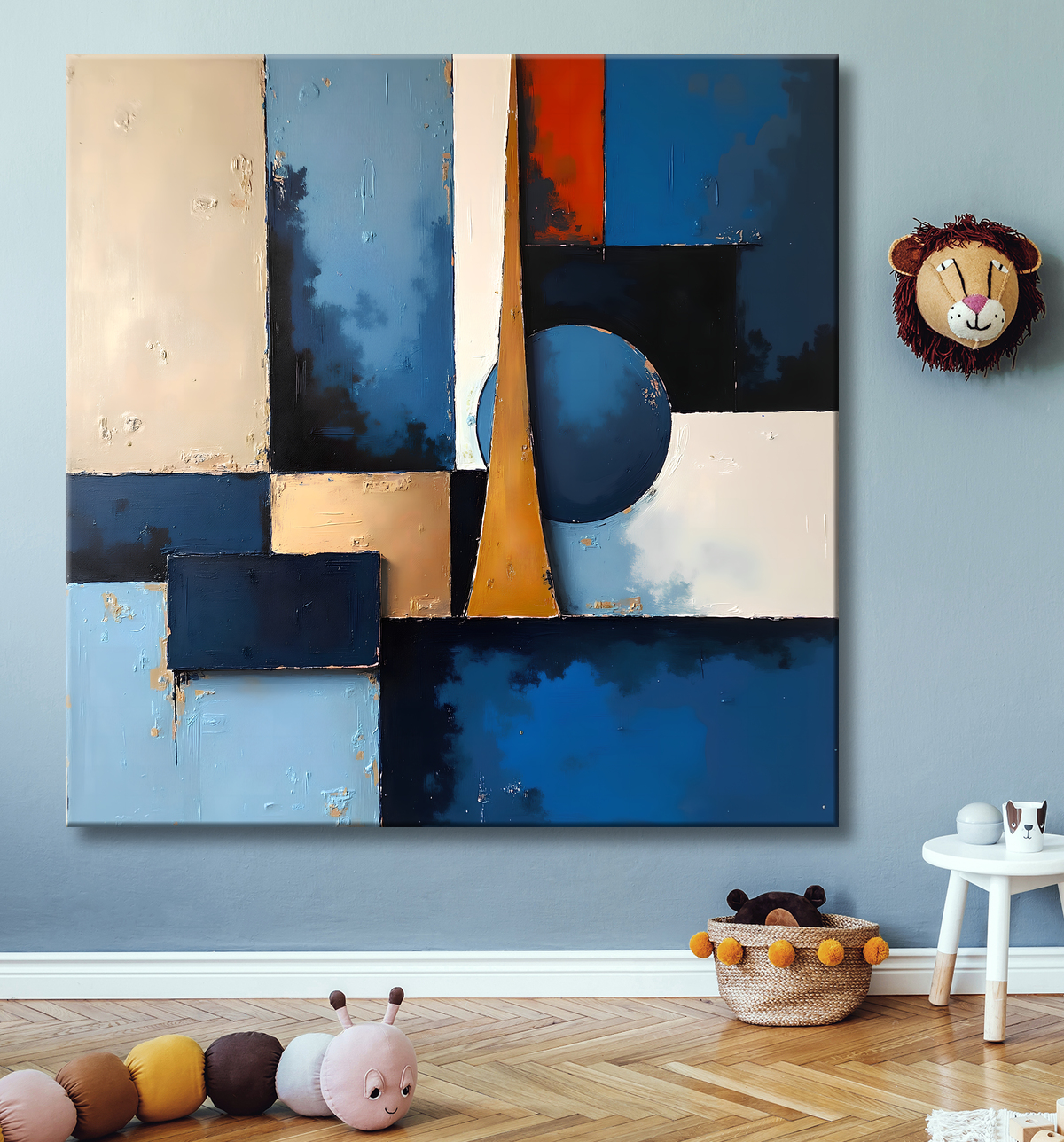 Tableau abstrait géométrique bleu en relief avec decor