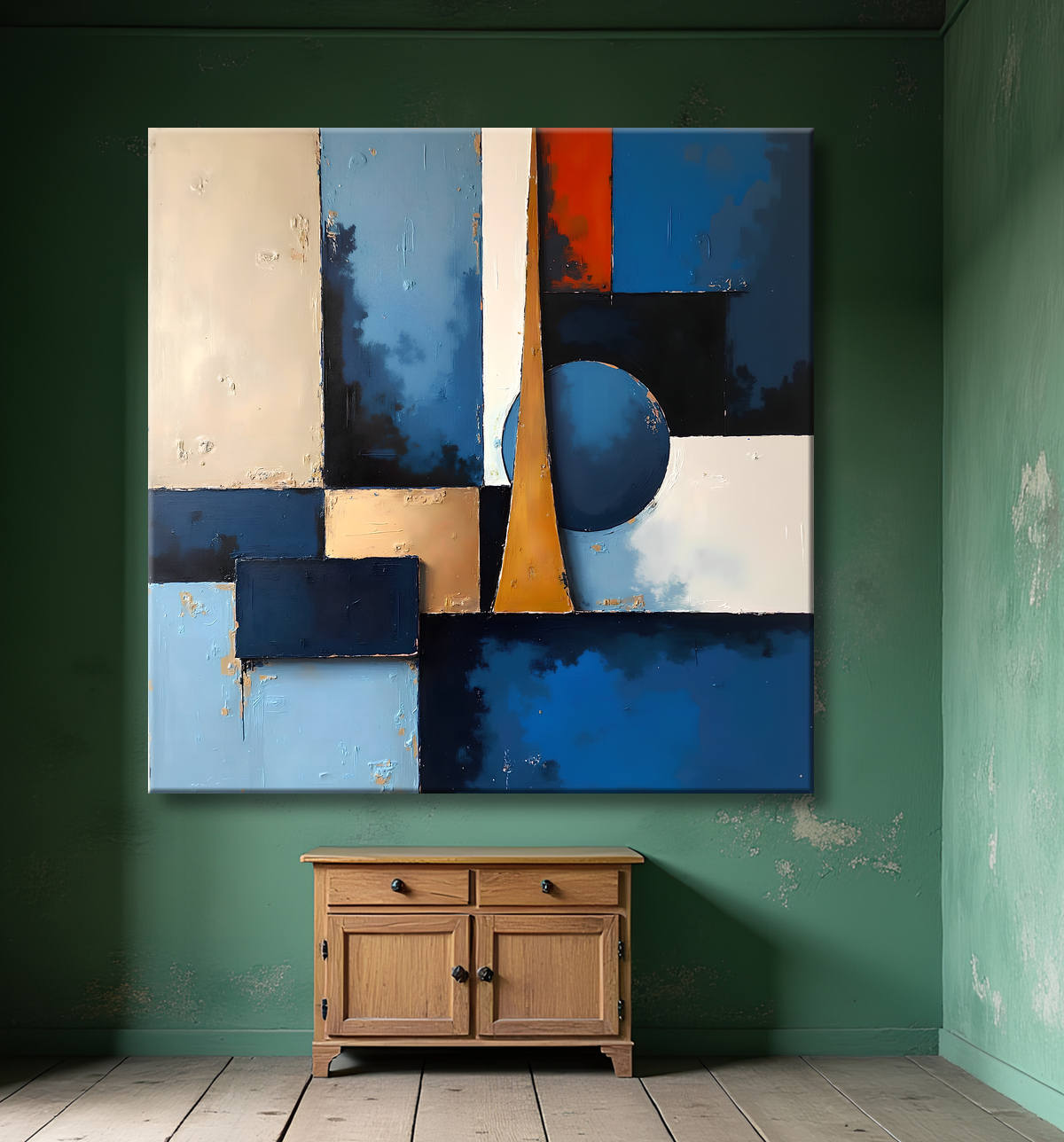 Tableau abstrait géométrique bleu en relief avec decor