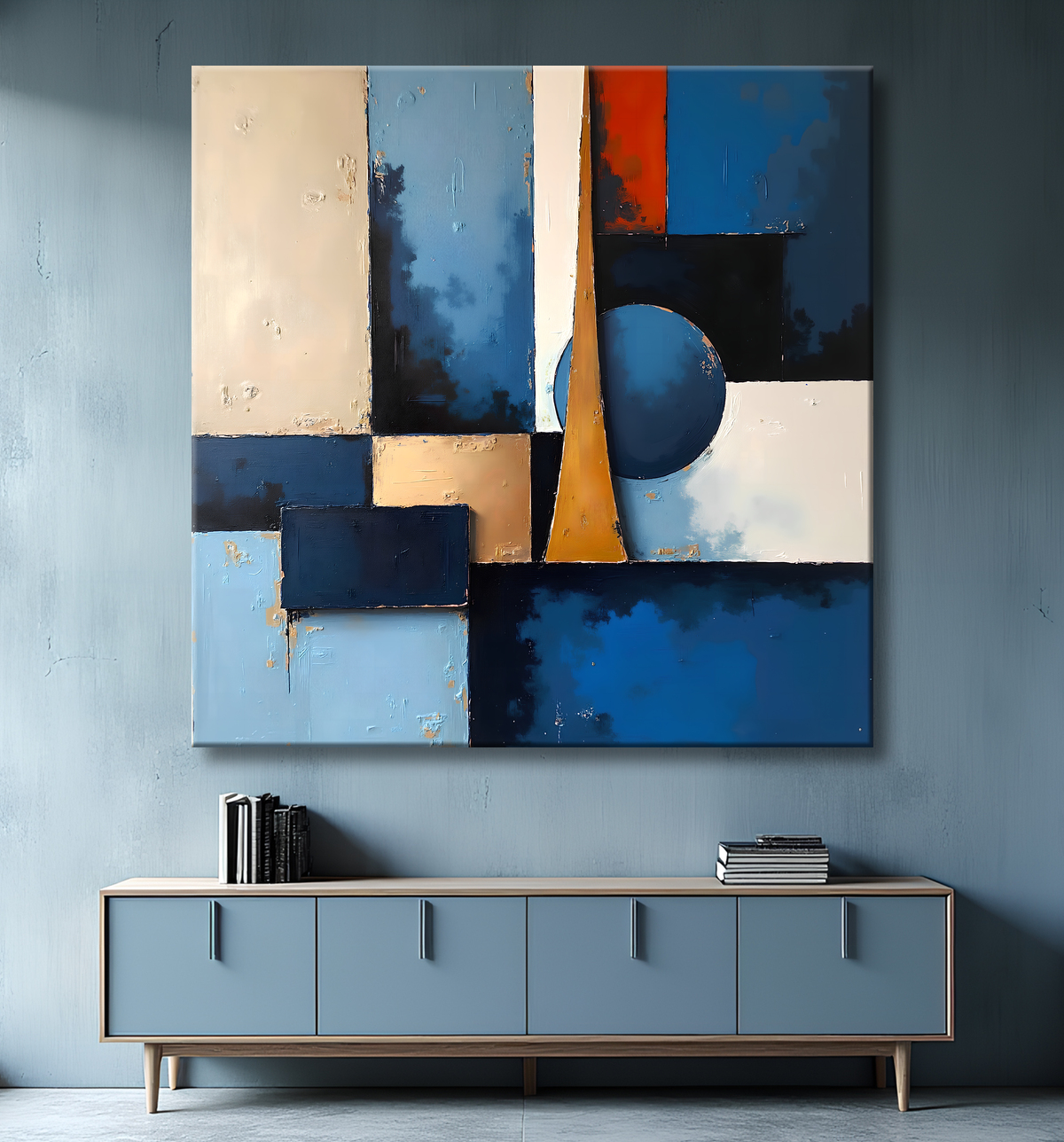 Tableau abstrait géométrique bleu en relief avec decor