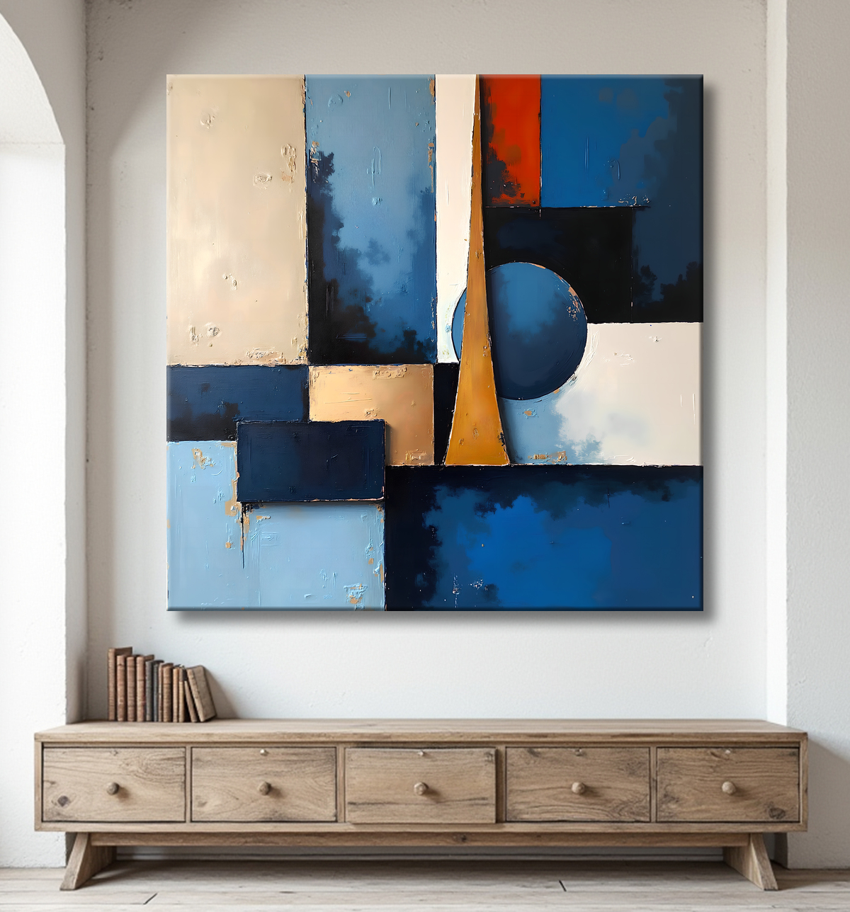 Tableau abstrait géométrique bleu en relief avec decor