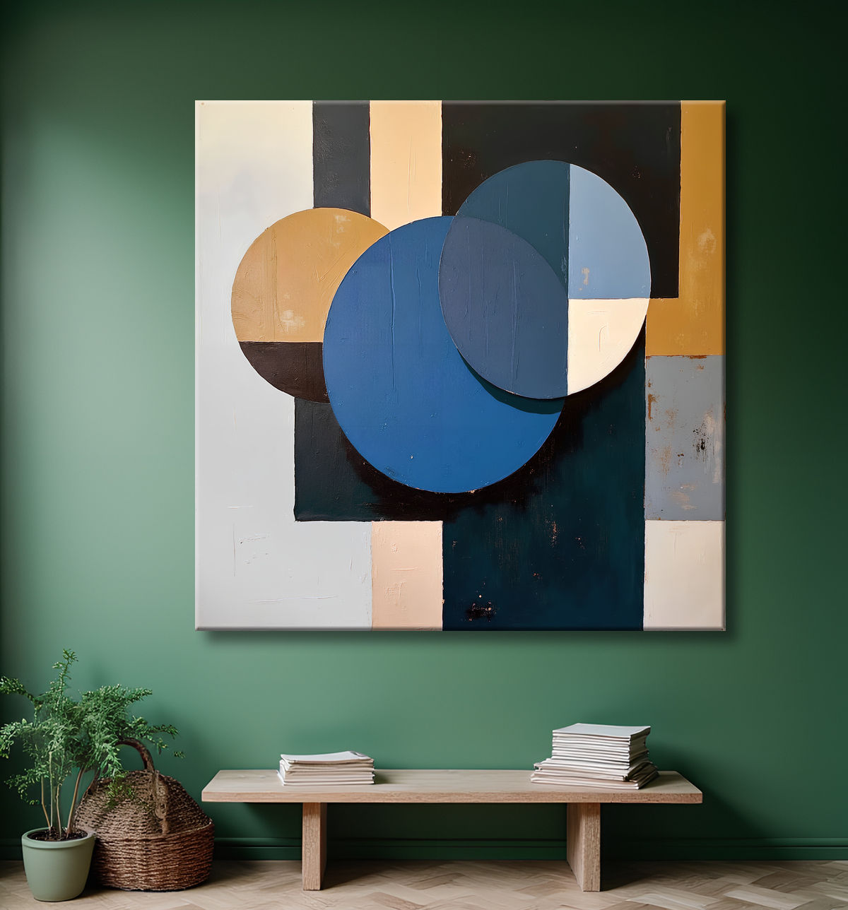 Tableau abstrait géométrique bleu en relief avec decor