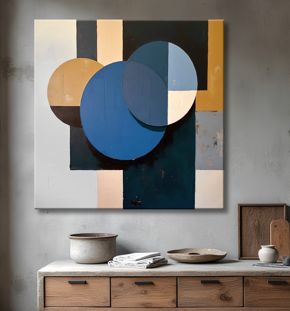 Tableau abstrait géométrique bleu en relief avec decor