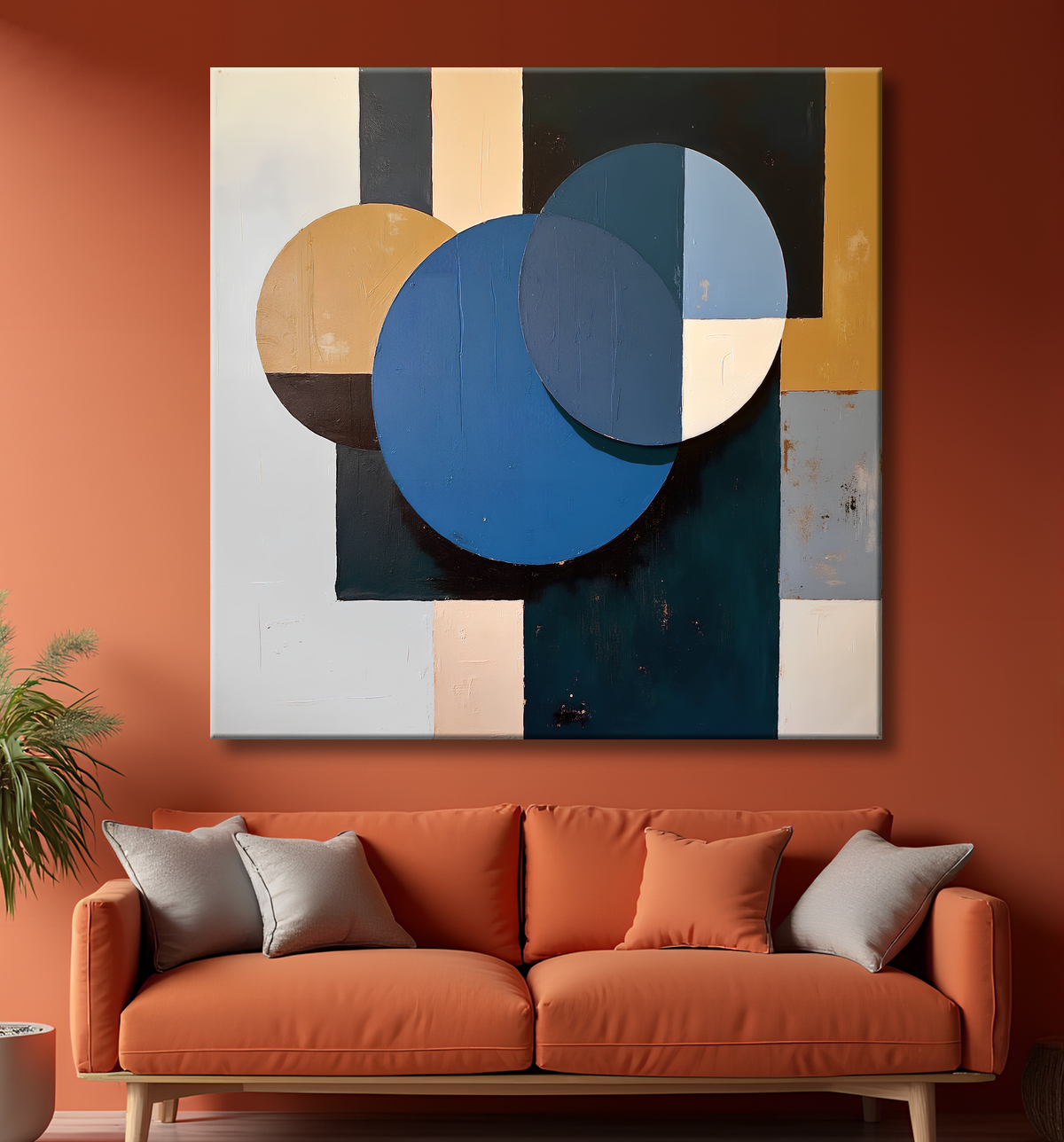 Tableau abstrait géométrique bleu en relief avec decor
