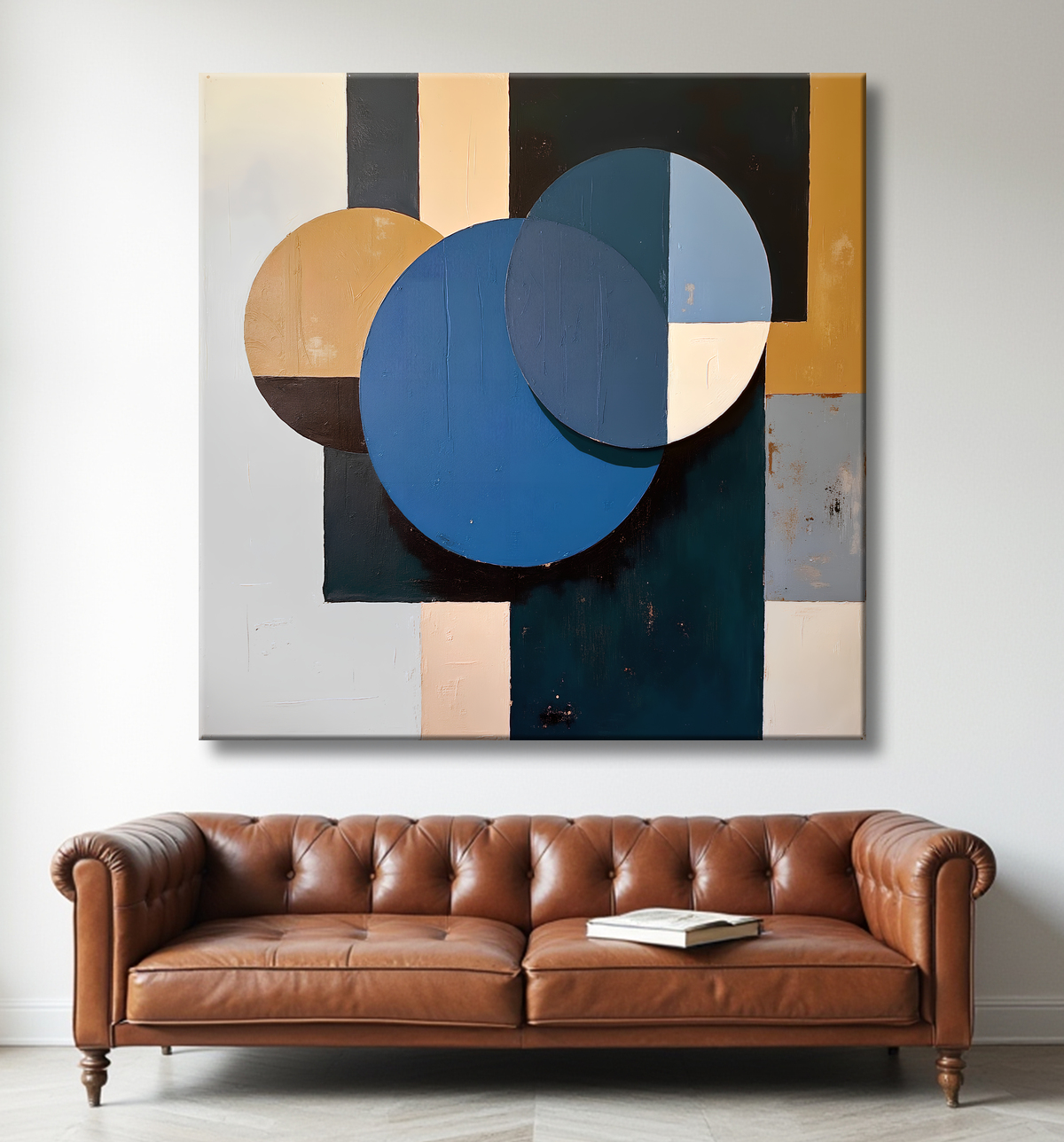 Tableau abstrait géométrique bleu en relief avec decor
