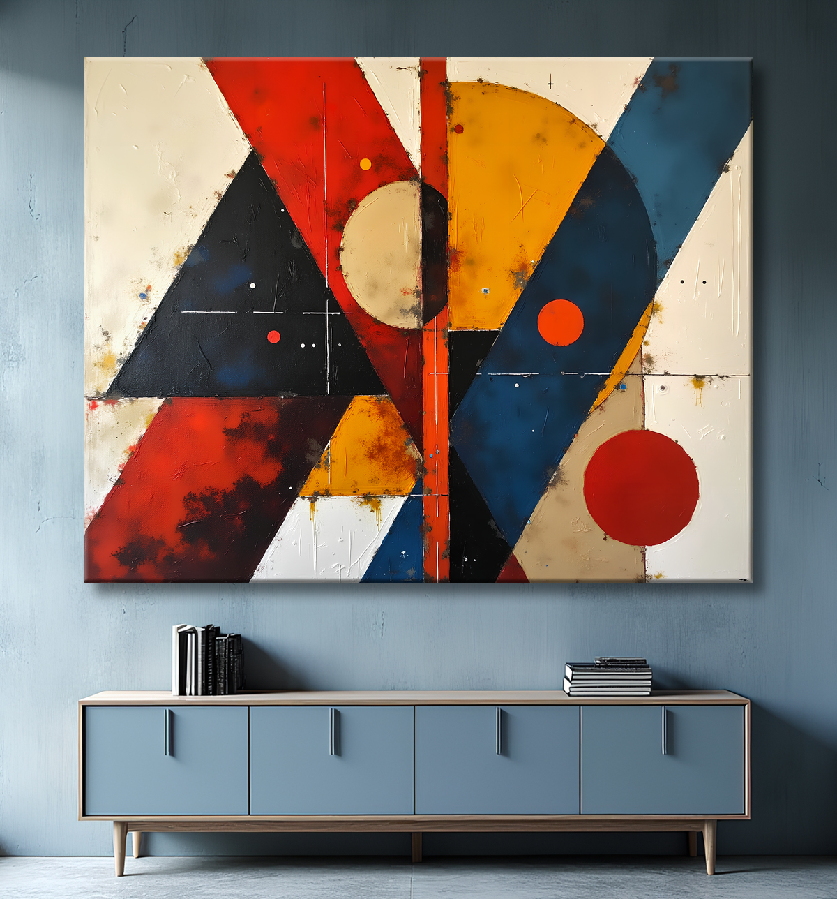 Tableau abstrait rouge anguleux avec decor