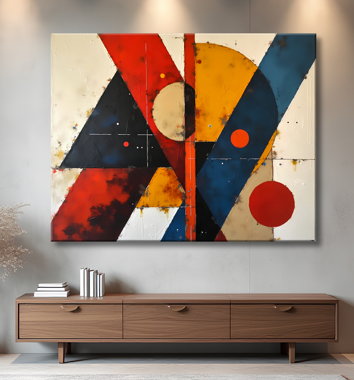 Tableau abstrait rouge anguleux avec decor