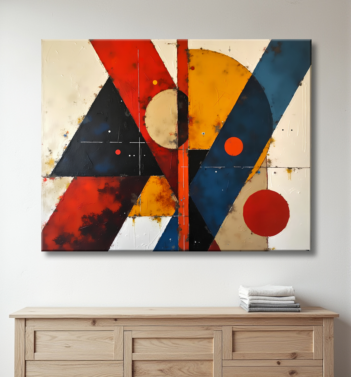 Tableau abstrait rouge anguleux avec decor