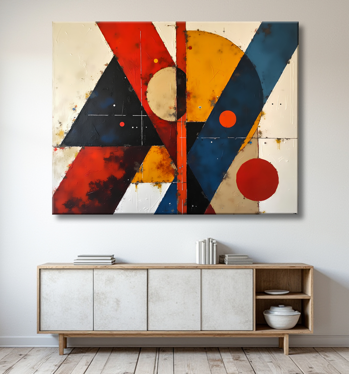 Tableau abstrait rouge anguleux avec decor