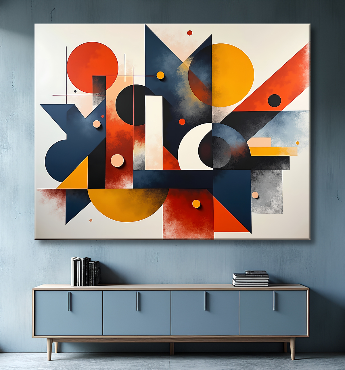 Tableau abstrait rouge anguleux avec decor