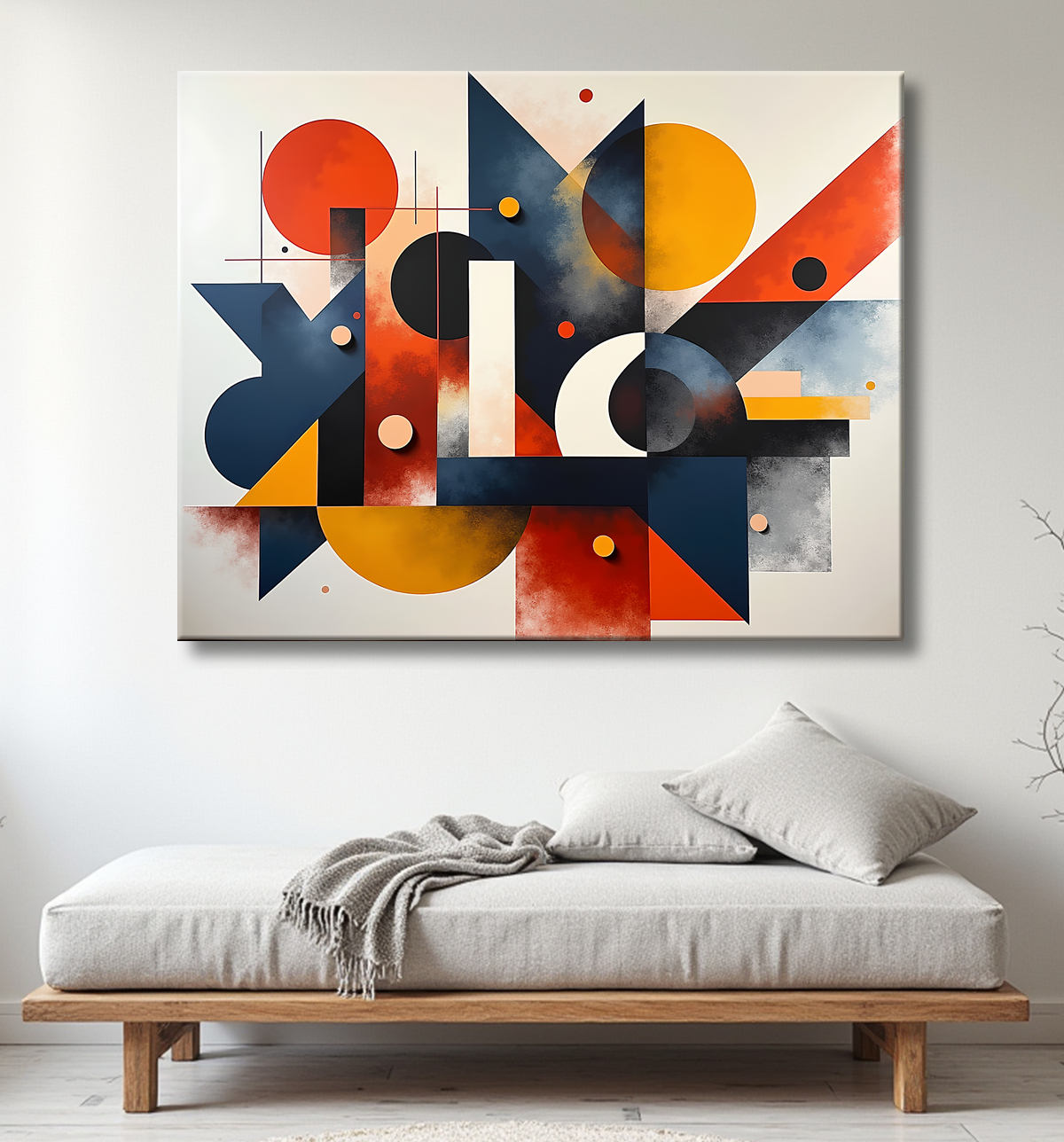 Tableau abstrait rouge anguleux avec decor