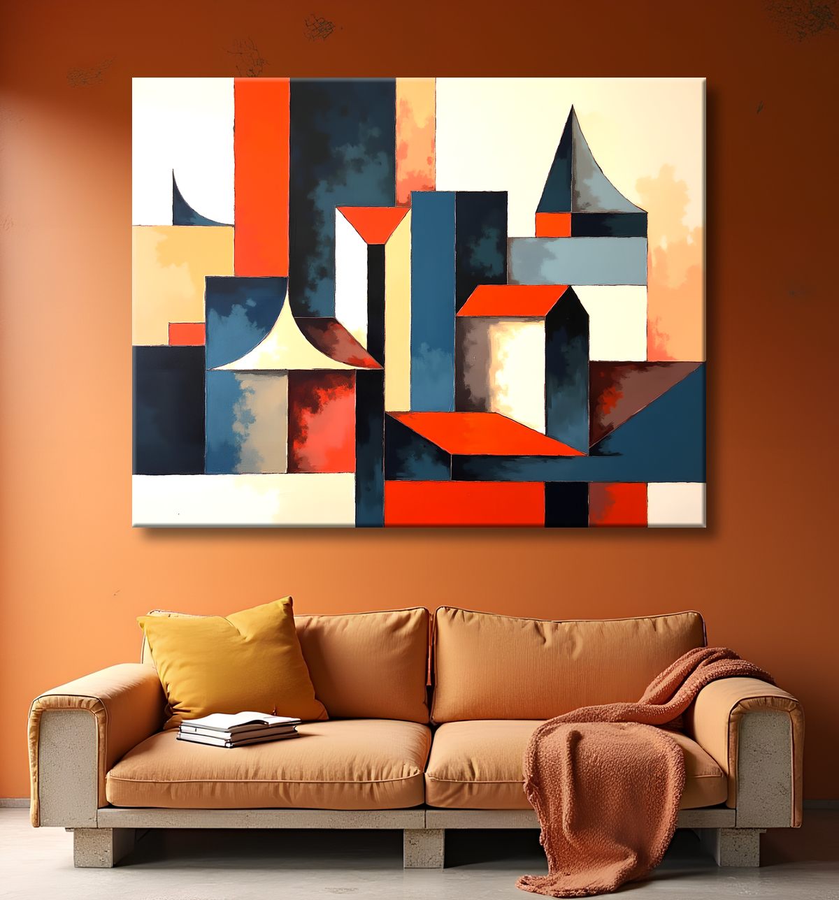 Tableau abstrait rouge anguleux avec decor