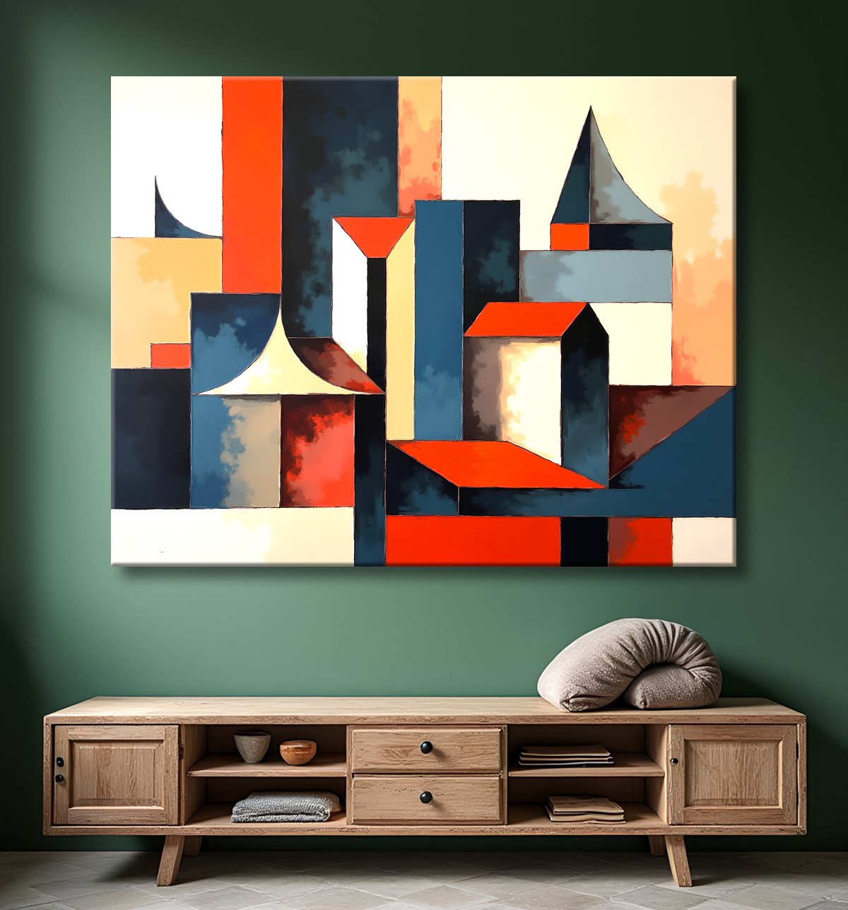 Tableau abstrait rouge anguleux avec decor