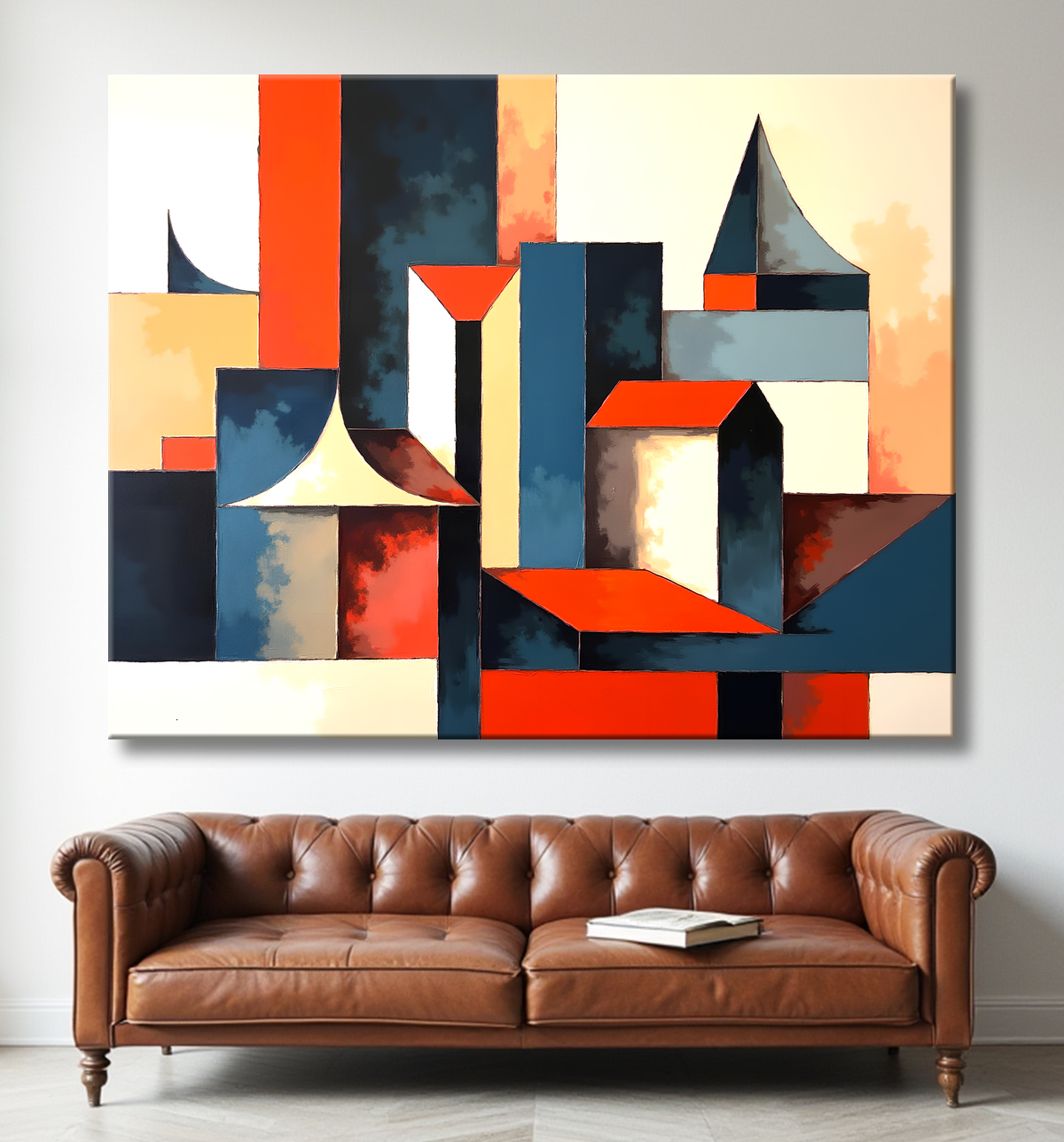 Tableau abstrait rouge anguleux avec decor