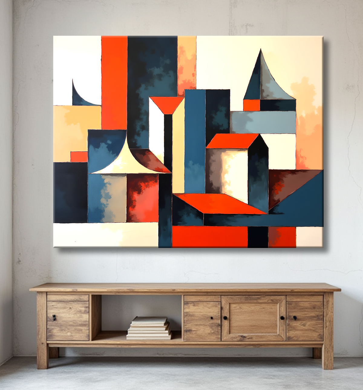 Tableau abstrait rouge anguleux avec decor