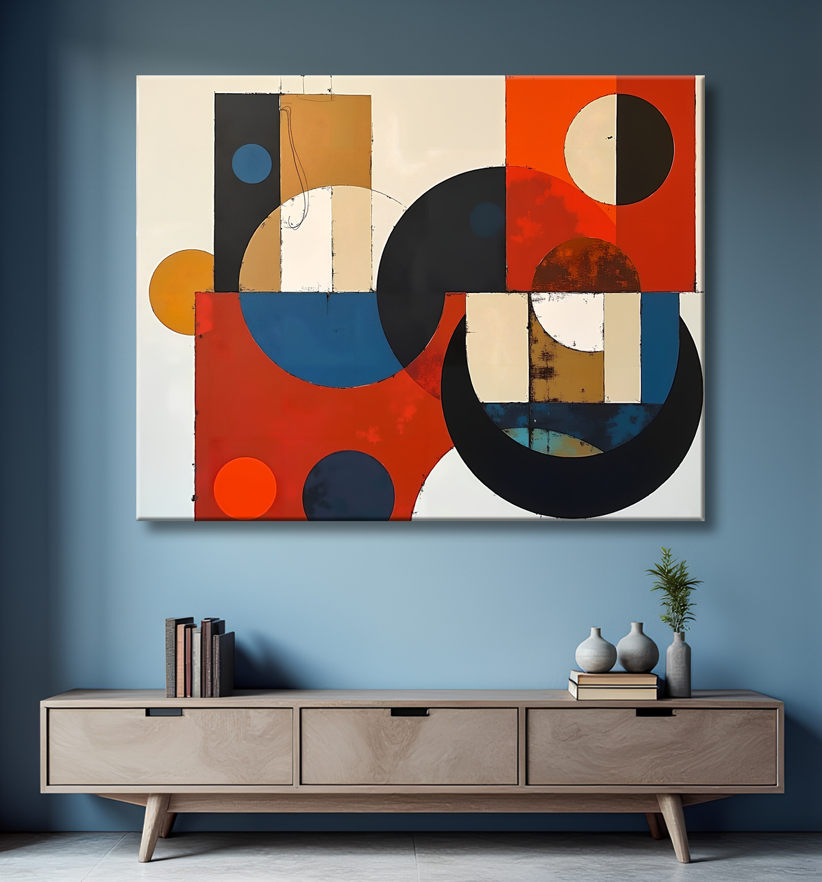 Tableau abstrait rouge anguleux avec decor
