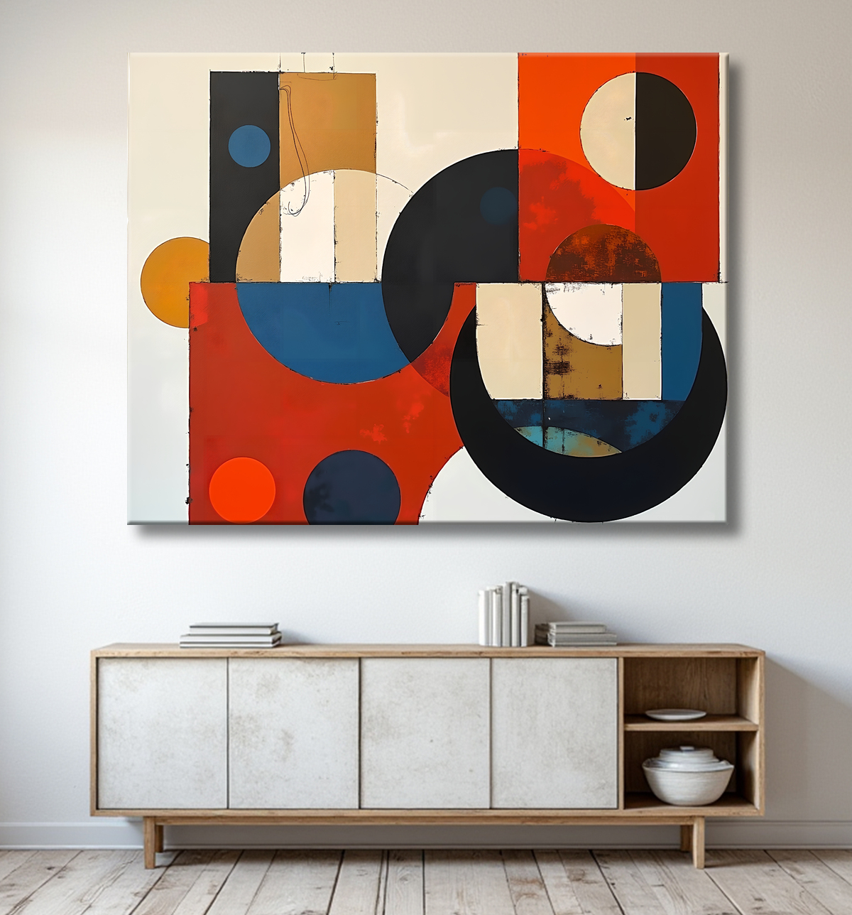 Tableau abstrait rouge anguleux avec decor