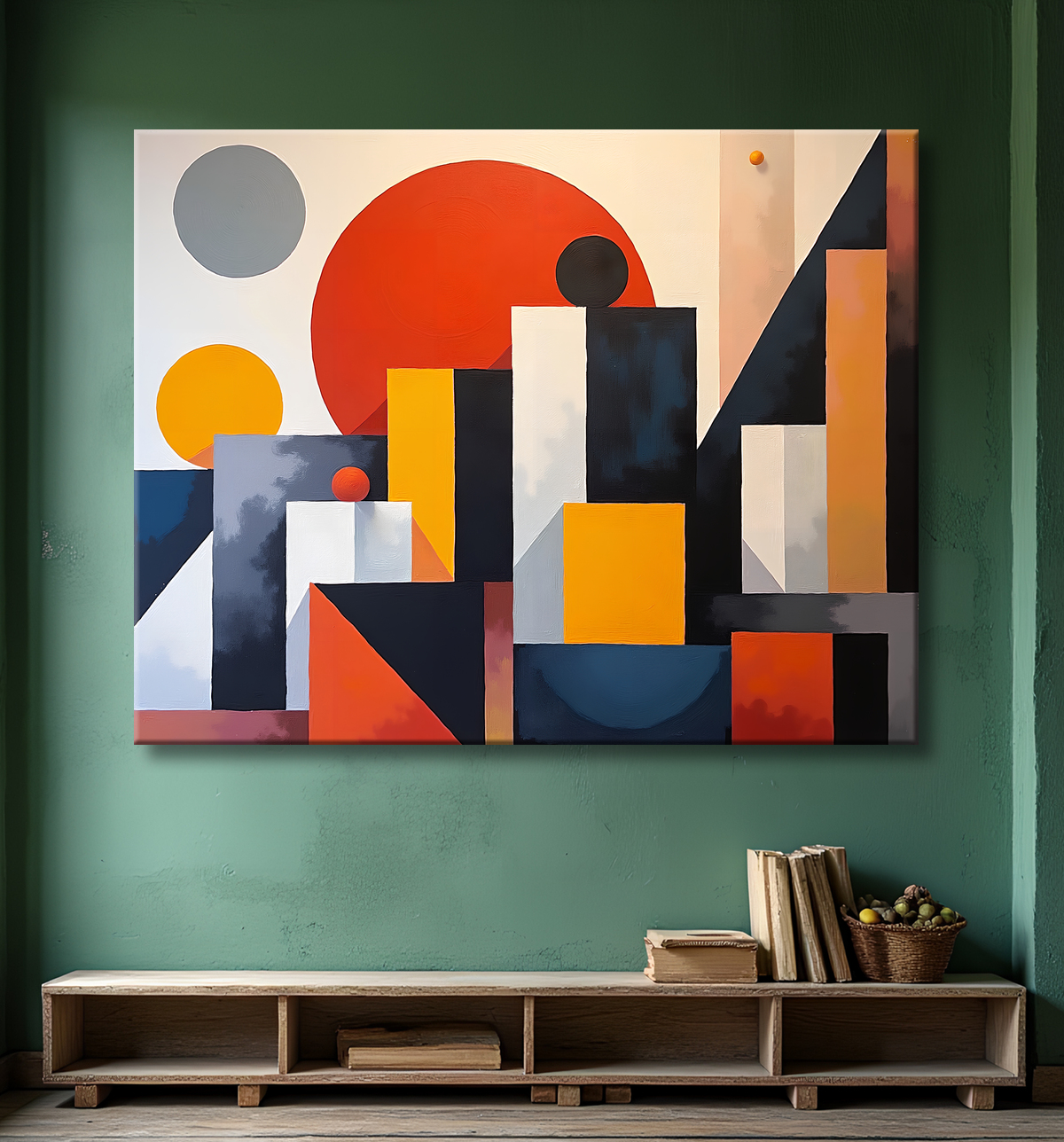 Tableau abstrait rouge anguleux avec decor