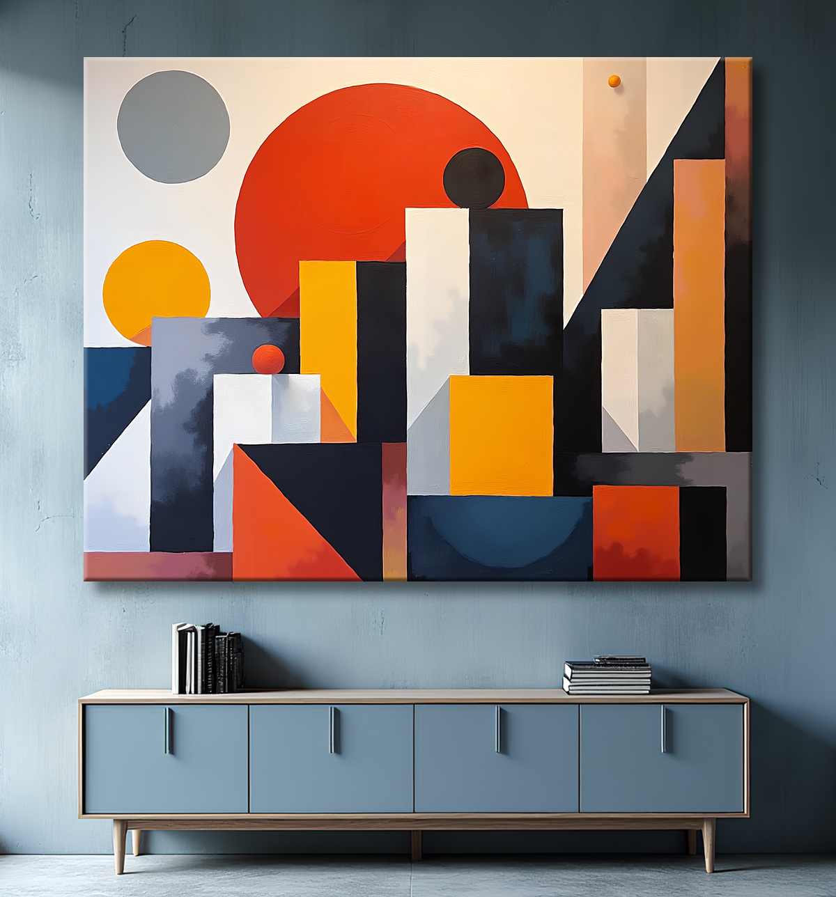 Tableau abstrait rouge anguleux avec decor