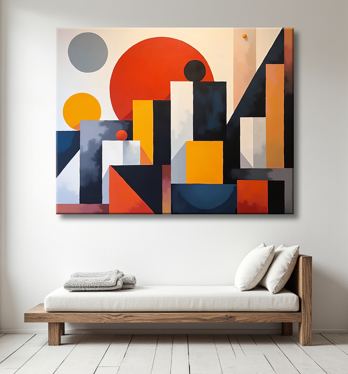 Tableau abstrait rouge anguleux avec decor