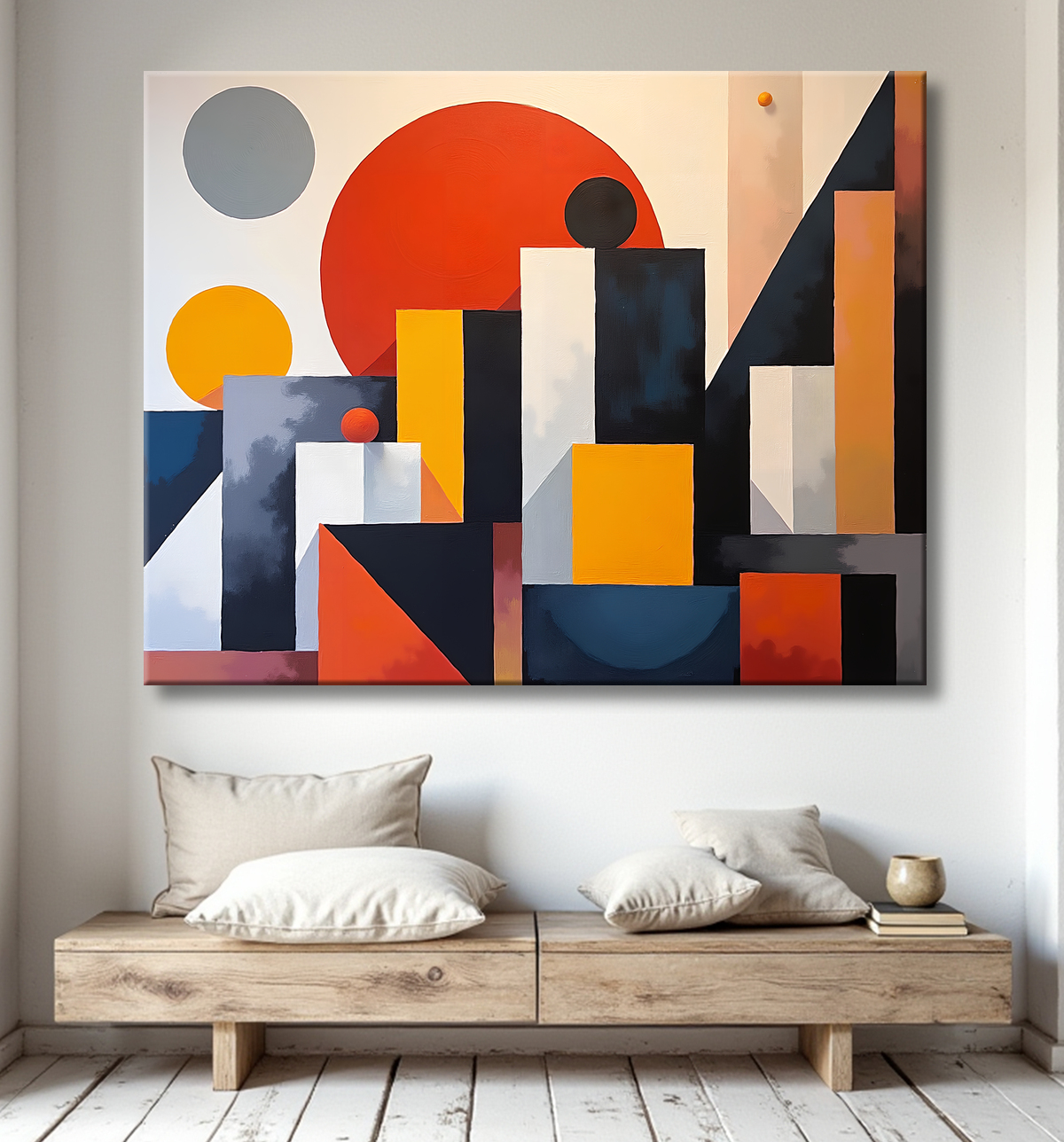 Tableau abstrait rouge anguleux avec decor