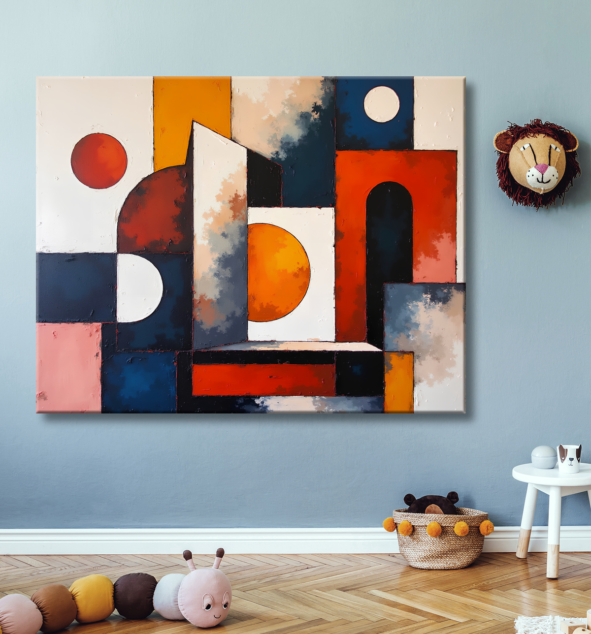 Tableau abstrait rouge anguleux avec decor