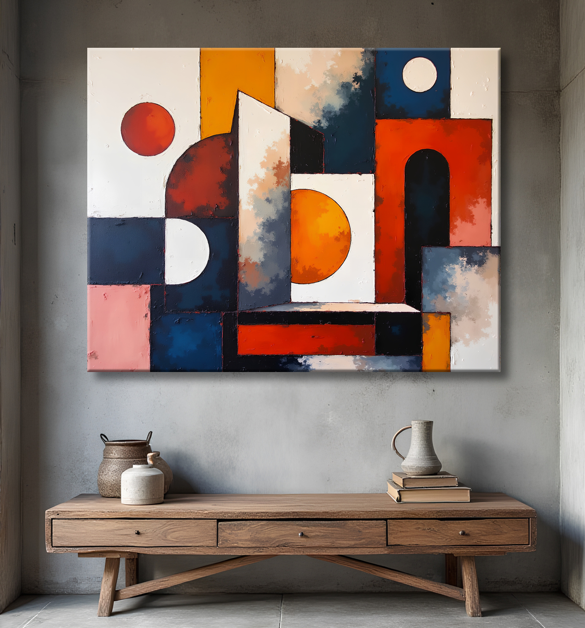 Tableau abstrait rouge anguleux avec decor