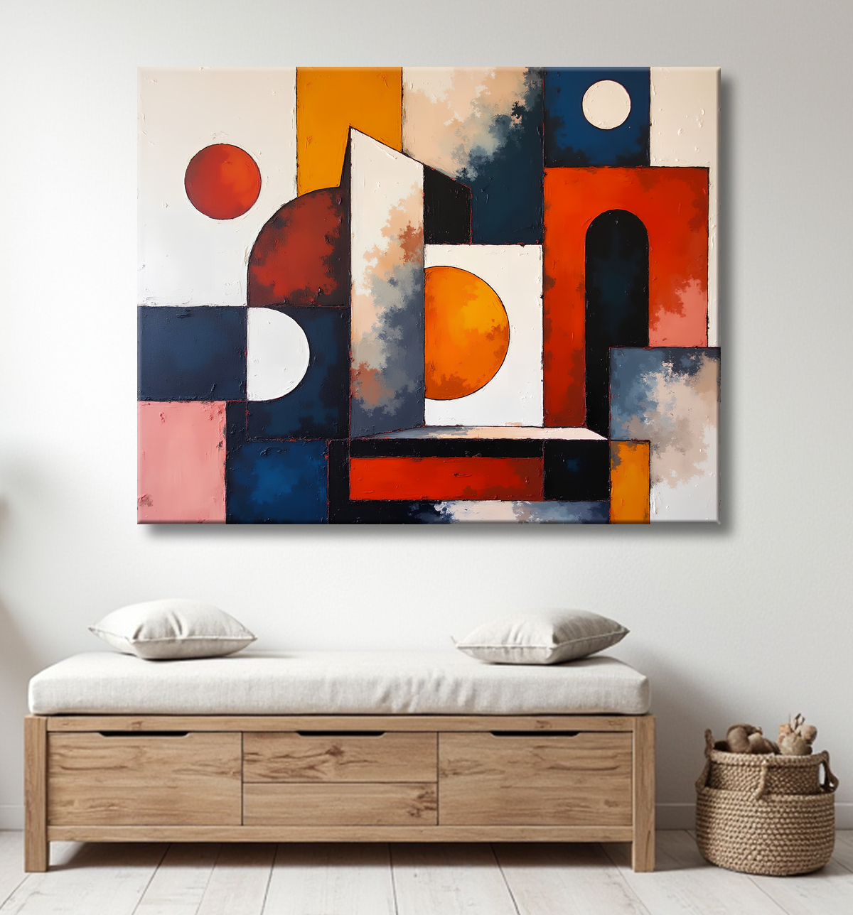 Tableau abstrait rouge anguleux avec decor