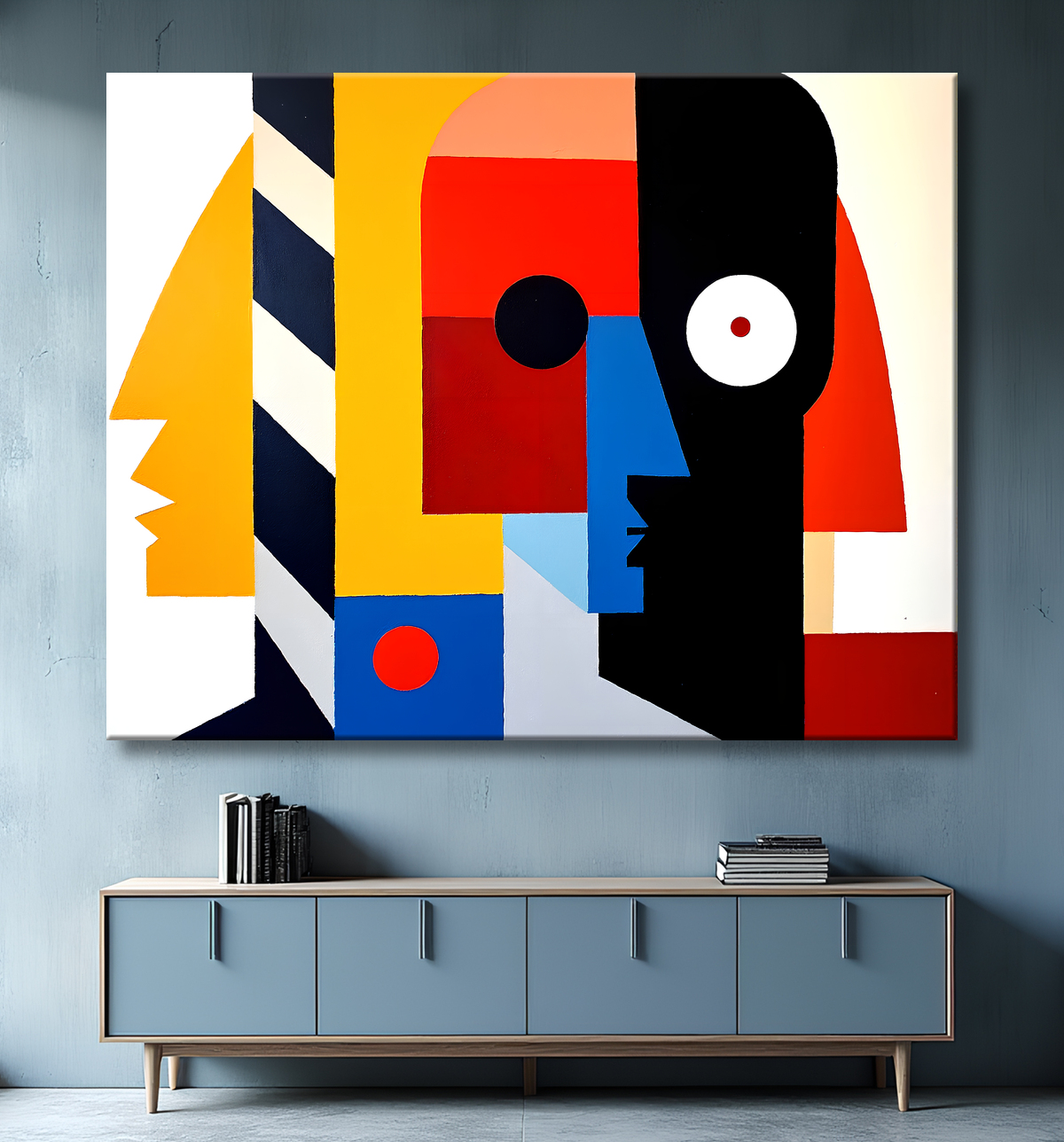 Tableau abstrait rouge anguleux avec decor