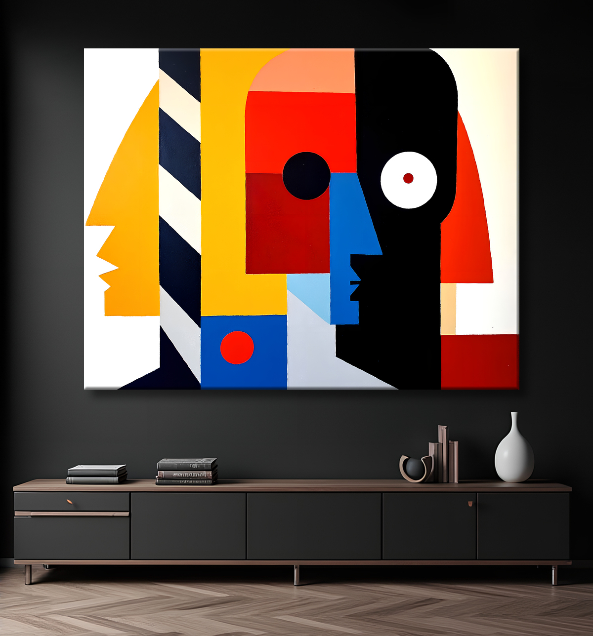 Tableau abstrait rouge anguleux avec decor