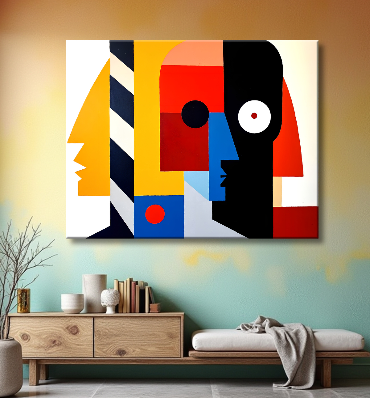 Tableau abstrait rouge anguleux avec decor