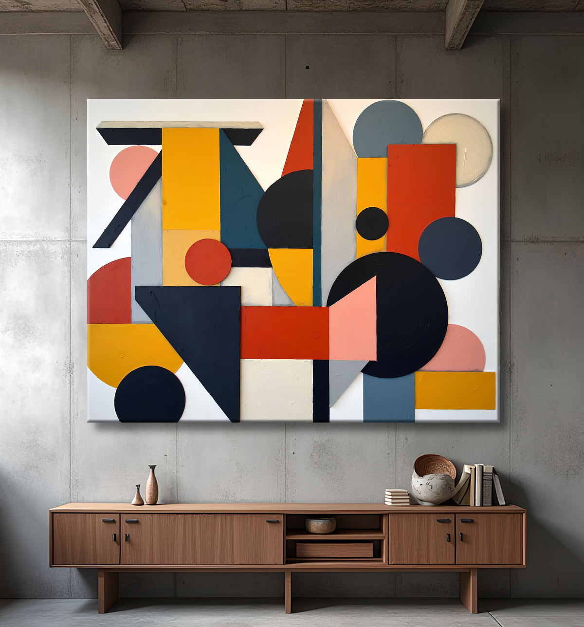 Tableau abstrait rouge anguleux avec decor