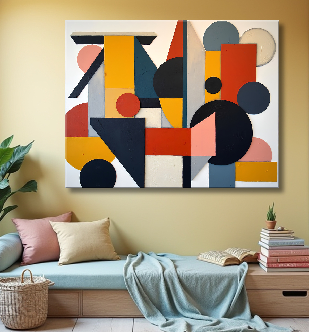Tableau abstrait rouge anguleux avec decor