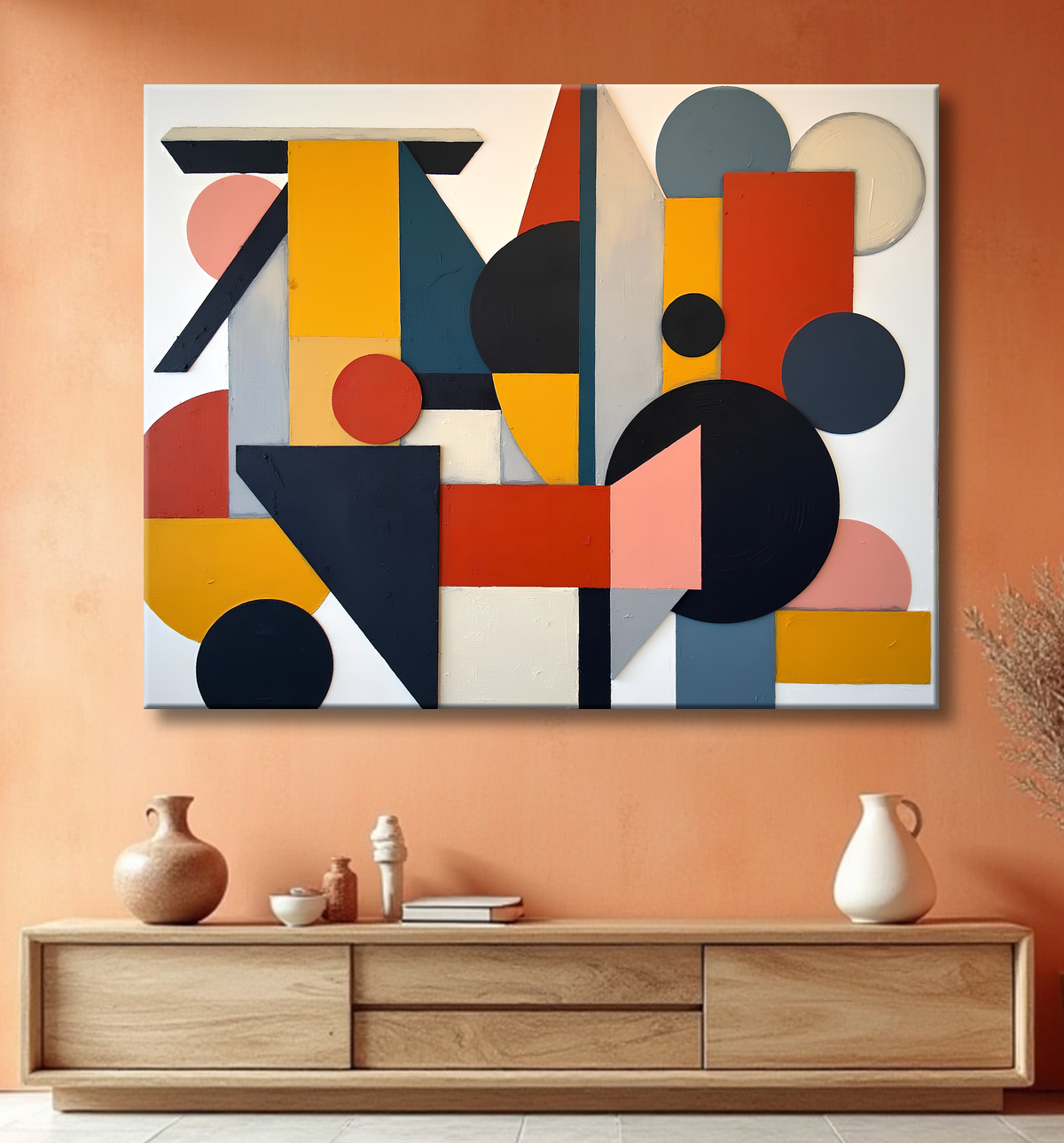 Tableau abstrait rouge anguleux avec decor