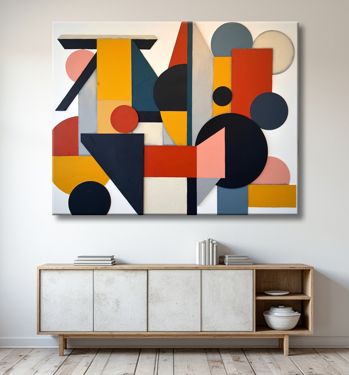 Tableau abstrait rouge anguleux avec decor