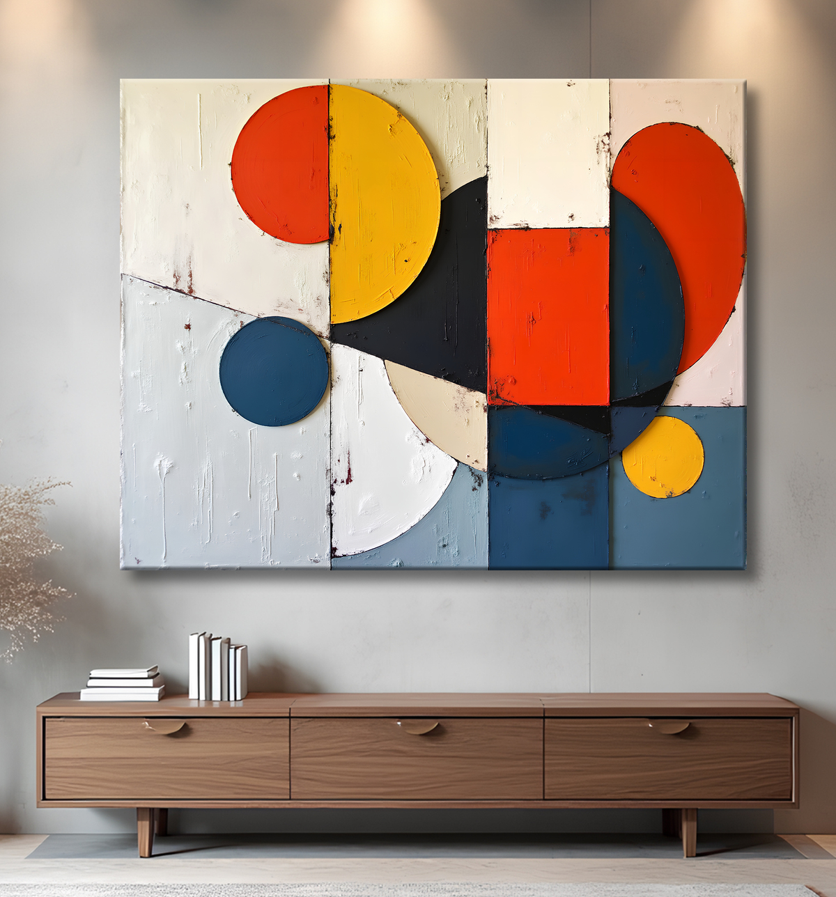 Tableau abstrait rouge anguleux avec decor