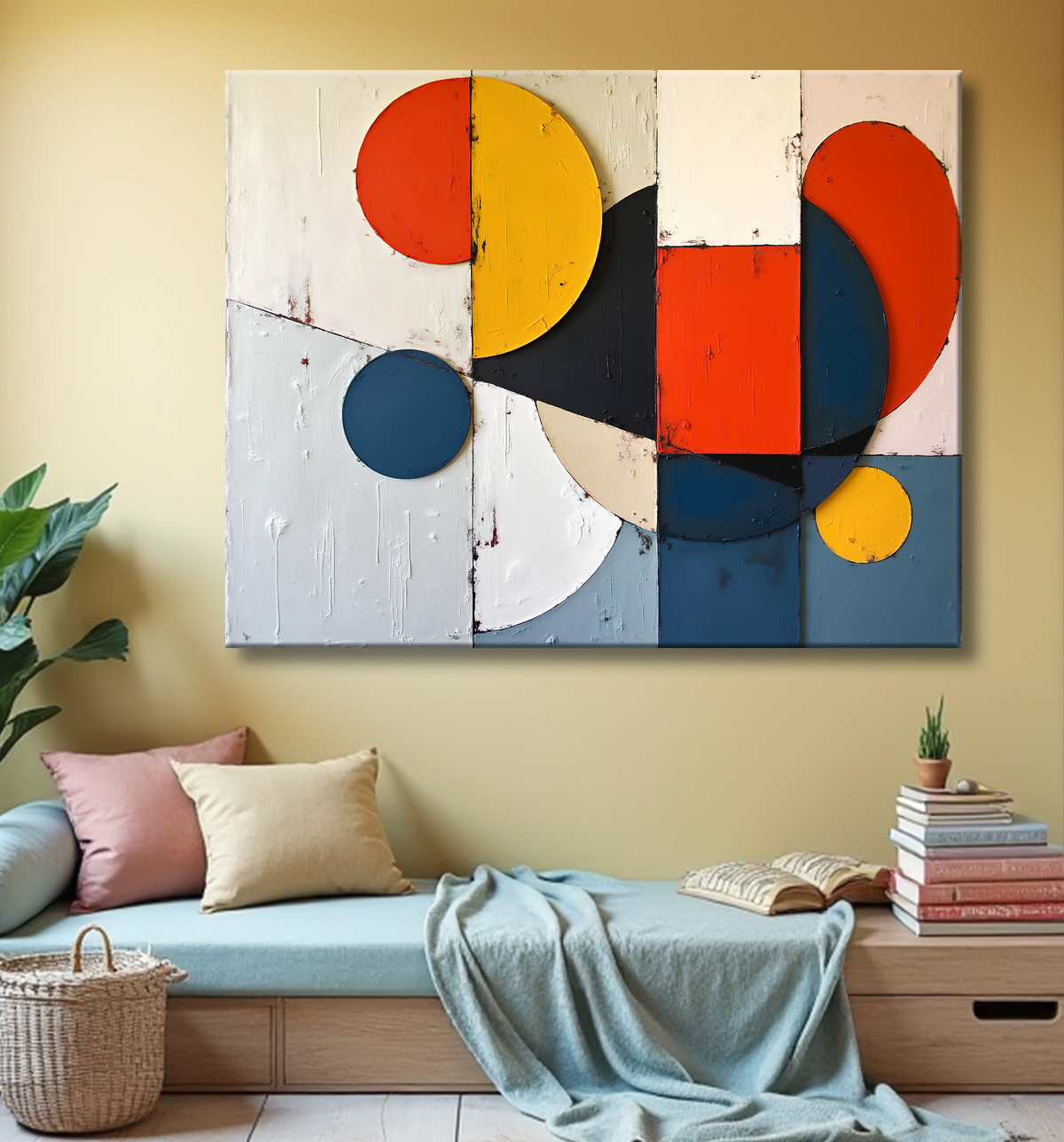 Tableau abstrait rouge anguleux avec decor