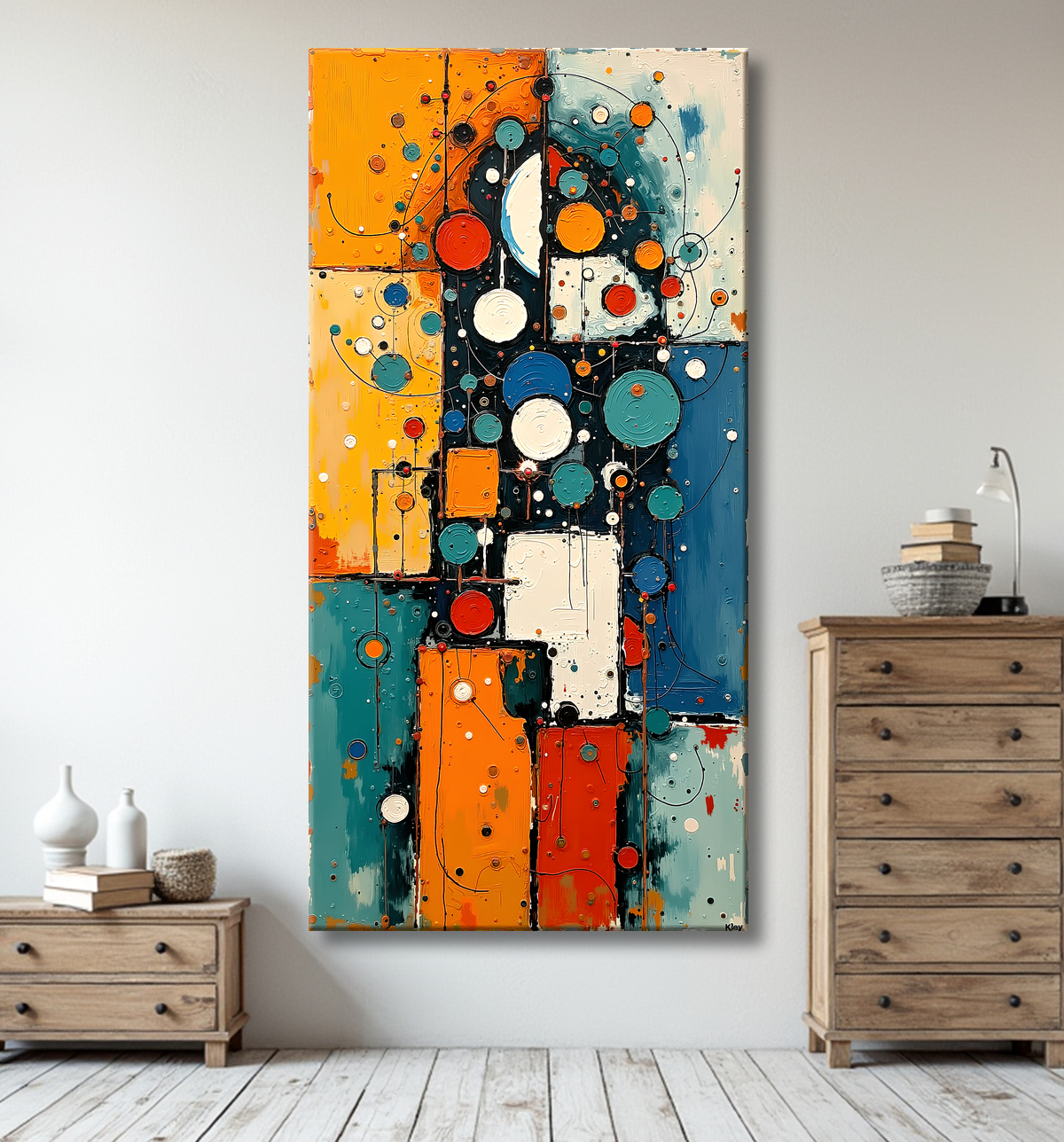 Tableau abstrait très coloré et moderne, aux influences artistiques variées, idéal pour une décoration singulière. Réalisé en France en qualité tirage d'art.