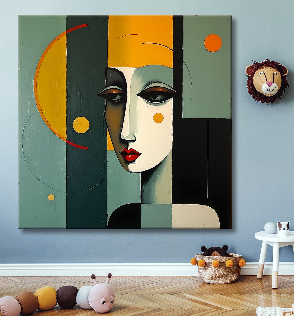 Tableau abstrait vert et jaune texturé avec decor