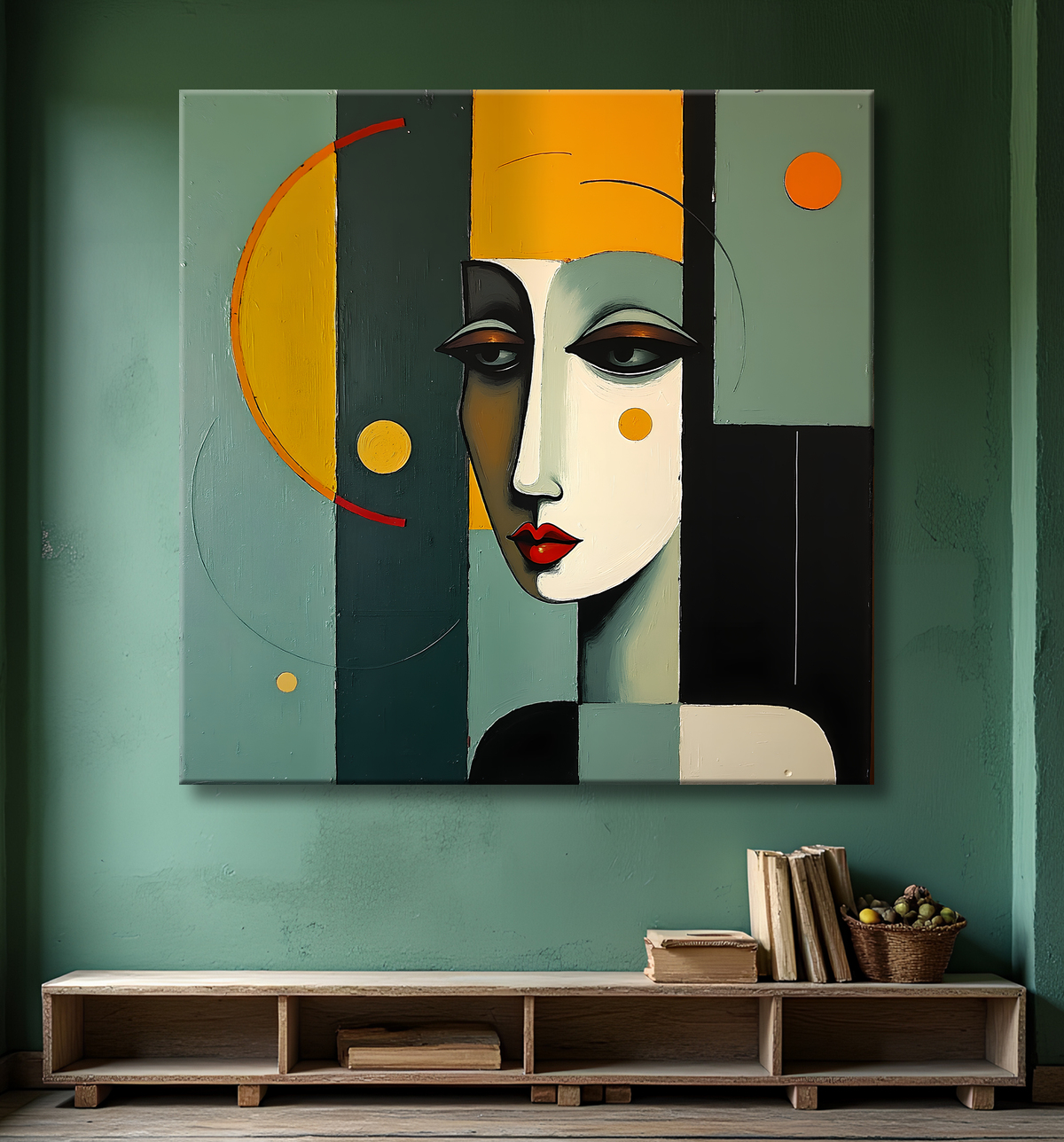 Tableau abstrait vert et jaune texturé avec decor