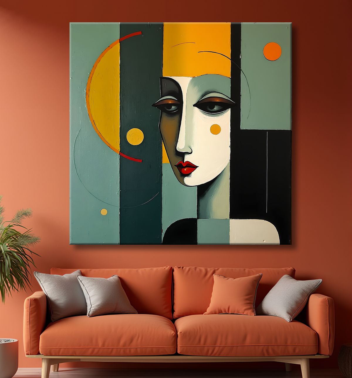 Tableau abstrait vert et jaune texturé avec decor