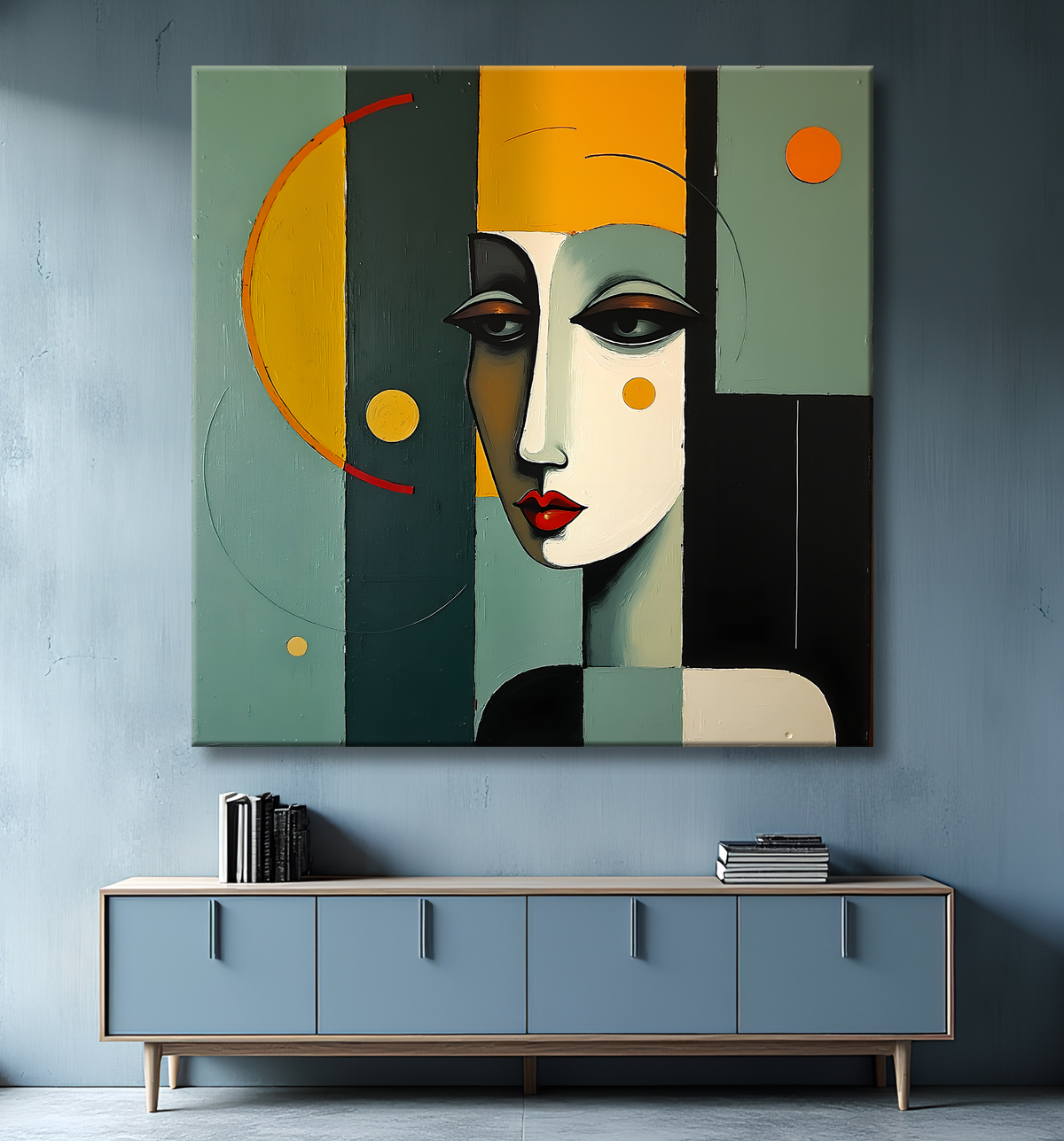 Tableau abstrait vert et jaune texturé avec decor