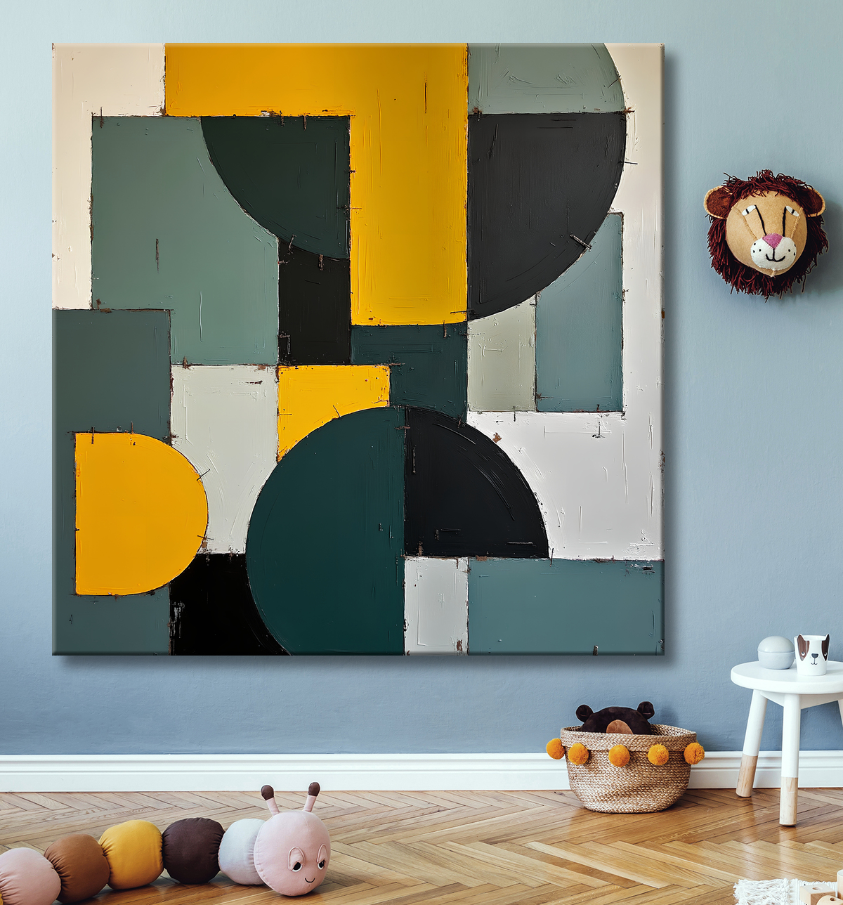 Tableau abstrait vert et jaune texturé avec decor