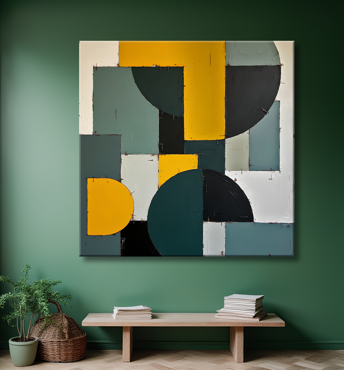 Tableau abstrait vert et jaune texturé avec decor