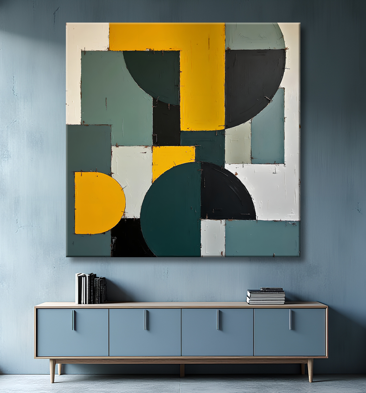 Tableau abstrait vert et jaune texturé avec decor